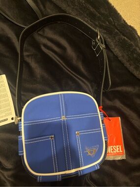 Diesel Blue Cross-Stitch Compact Shoulder Bag with White Piping